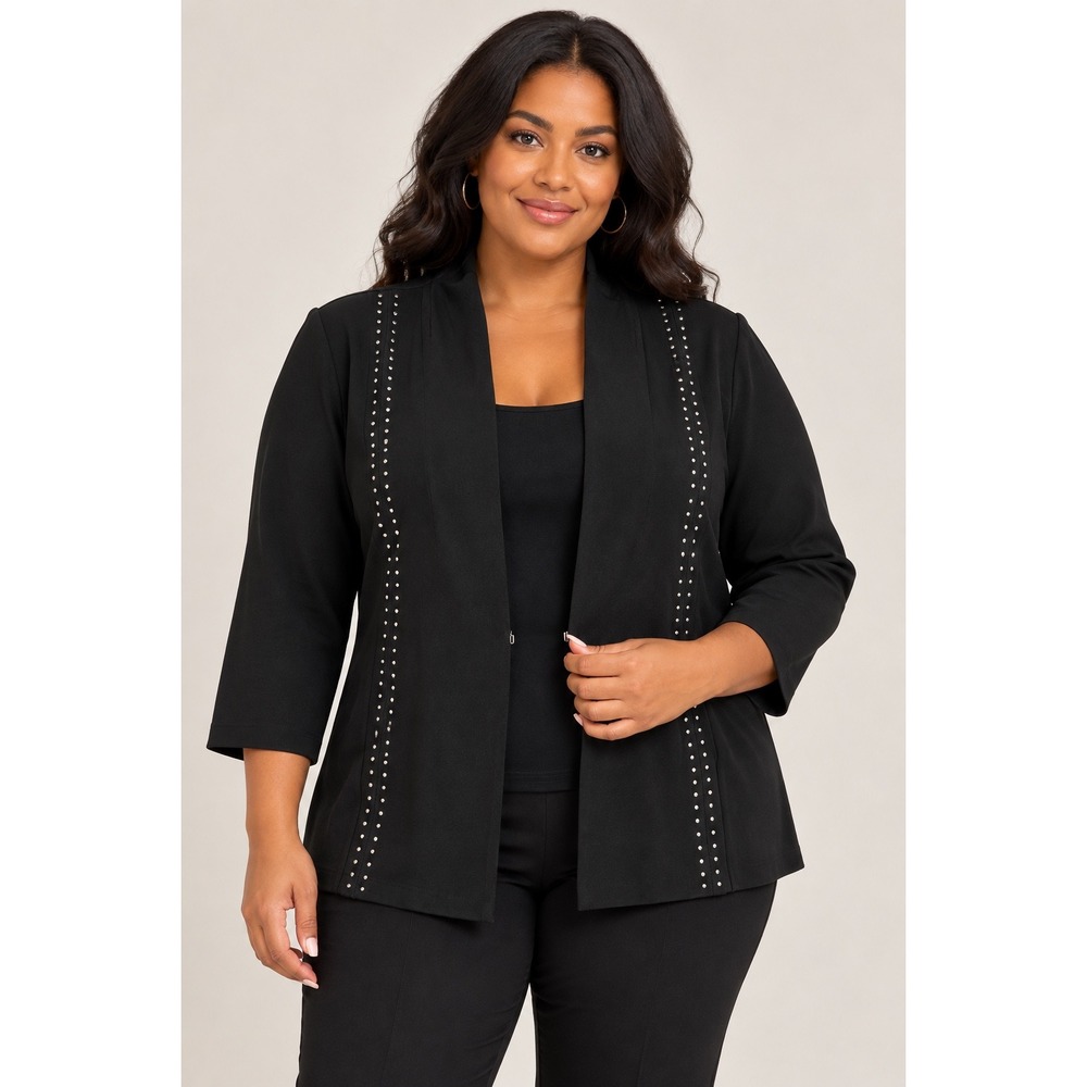 Ming Wang Jacket Black Studded Knit Open Front 3/4 Sleeve XL Wrinkle Resistant